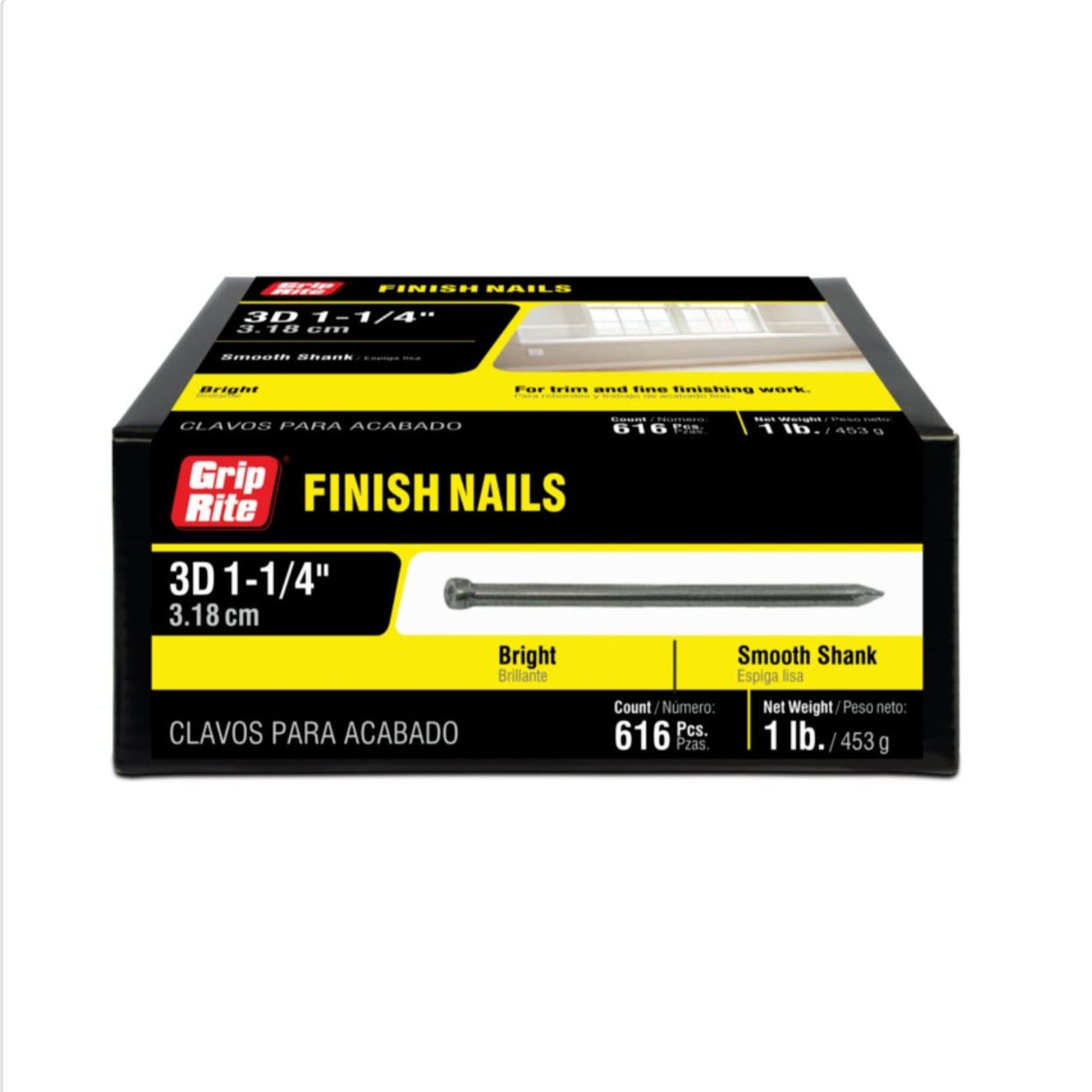 The webpage showcases Grip-Rite 3F1 #15-1/2 x 1-1/4 in. 3D Bright Finish Nails (616/Pack), perfect for fine carpentry and interior molding. It includes a product image, pricing options, strength and durability details, and quantity selections with prices for enhanced convenience.